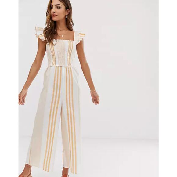 ASOS Shirred Frill Sleeve Linen Blend Jumpsuit Striped Size 8 - Picture 5 of 7